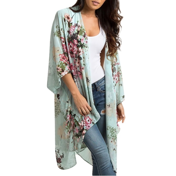 Cardigan Kimono pour Femmes Mode Cardigan Kimono en Mousseline pour Femmes à Imprimé Châle Blouse Longue Tenue de Plage