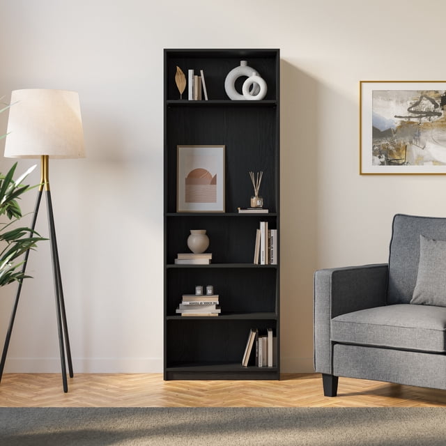 CorLiving Teo Engineered Wood 5-Tier Adjustable Shelf Adult Bookcase, Black