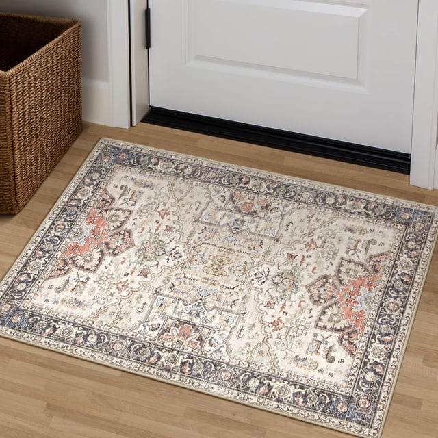 2x3 Washable Vintage Floral Area Rug - Distressed Small Entryway Rug Doormat Bohemian Faux Wool Non-Slip Low-Pile Floor Carpet for Indoor Front Entrance Kitchen Bathroom-Multi