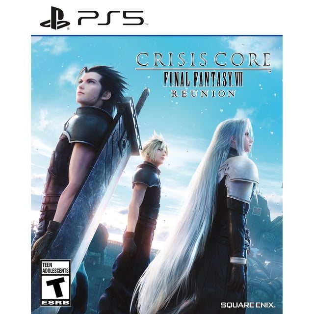 Crisis Core - Final Fantasy VII - La Réunion (PS5) Couverture Illustrant Trois Personnages en Armure Noire, l'Un Portant une Grande Épée sur le Dos, Se Tenant Debout contre un Ciel Bleu Éclatant avec des Nuages, Mettant en Valeur les Graphiques HD Entièrement Remasterisés du Jeu et des Modèles 3D Détaillés, avec le logo PlayStation 5 et la Cote Ado ESRB.