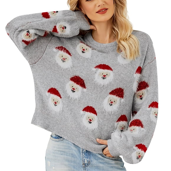 Women Christmas Knitted Sweater Pale Sweater for Women Pullover Sweaters for Women plus Size Cute Santa Head Pattern Winter Sweatshirts Cropped Hoodies Womens Crewneck Pullover Cozy Winter