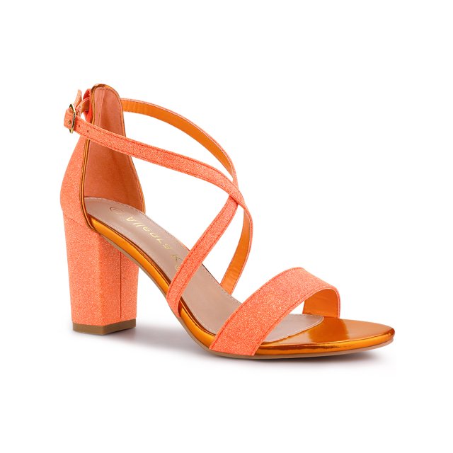 BLISSFUL STEP Sandales à Talon Bloc pour Femmes à Paillettes à Brides Croisées Orange 10