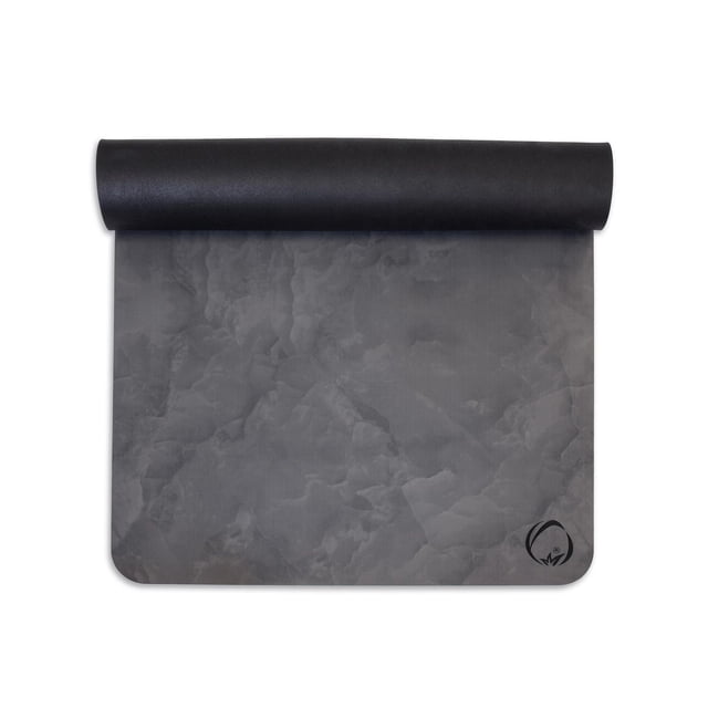 Printed PU Rubber Yoga Mat measuring 72 by 26.8 inches, partially rolled at the top, with a dark grey marbled printed surface and a small black logo in the bottom right corner, made from eco-friendly PU rubber featuring a slip-resistant, cushioned surface ideal for yoga and fitness exercises and suitable for floor workouts requiring stability.