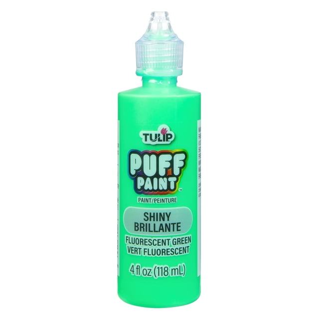 Tulip Puff Dimensional Fabric Paint fluorescent green 4 fl. oz. bottle with clear precision tip, nontoxic liquid paint that dries permanent, flexible, and machine washable for 3D textured fabric crafts and DIY projects, also suitable for adding raised details on posters and home décor.