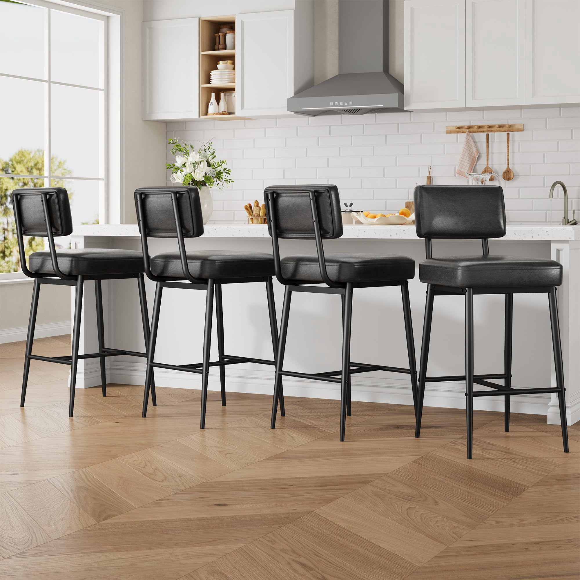 Bar Stools Set of 4, 26" Black Faux Leather Counter Height Bar Stools with Backs, Modern Upholstered Barstool Chairs with Metal Legs for Kitchen Island, Home Bar, Dining Room