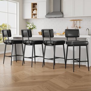 Bar Ensemble de tabourets 4, 26" Tabourets de comptoir en cuir noir faux avec dos, Chaises de bar rembourrées modernes avec jambes en métal pour l'île de la cuisine, Bar à la maison, Salle à manger