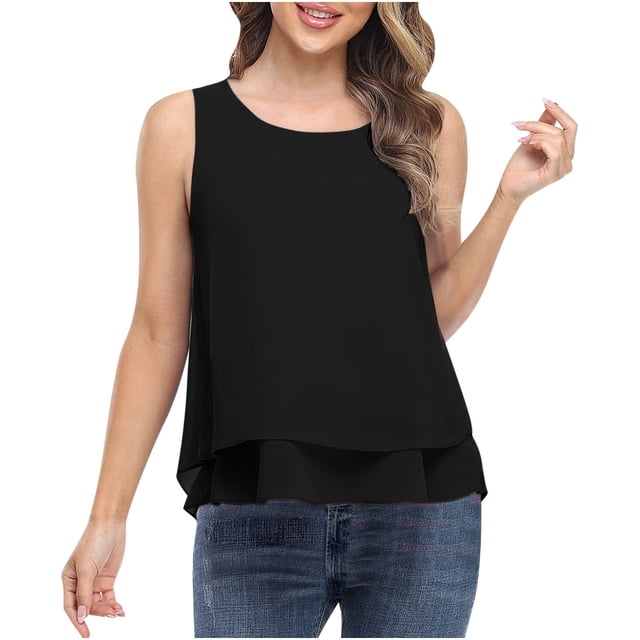 Timegard Womens Plus Size Tank Tops Mesh Ruffle Sleeveless Crew Neck Flowy Casual Loose Shirt Top Blouse