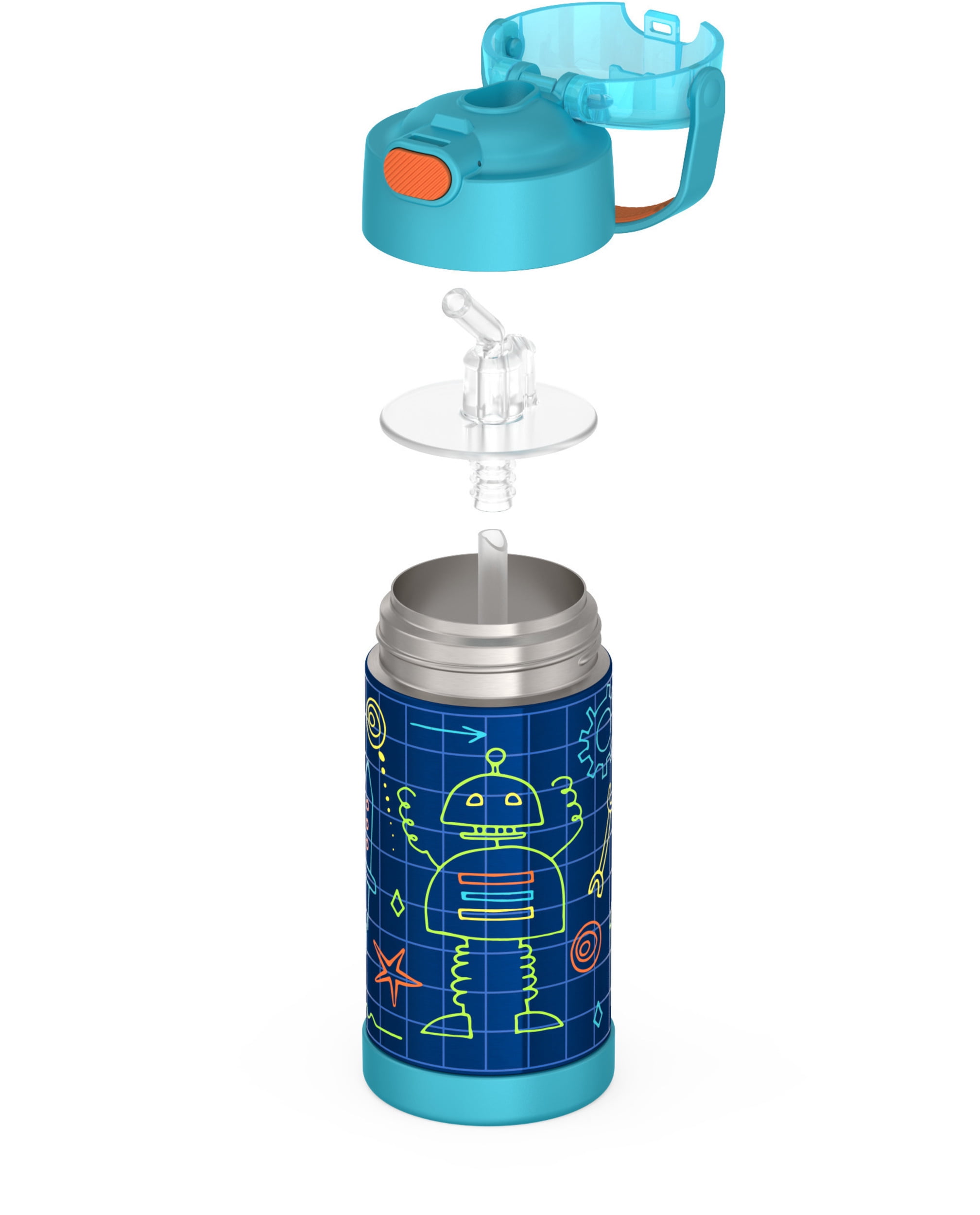 Bouteille isotherme Thermos Kids Funtainer en acier inoxydable de 355 ml avec paille rabattable, Robots
