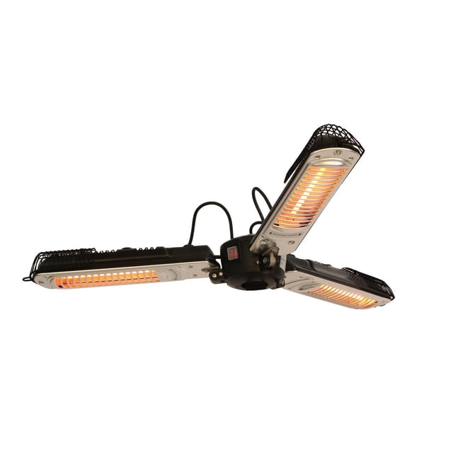 EnerG+ Chauffage Extérieur Électrique Infrarouge - Parasol Monté avec Trois Lampes Chauffantes Infrarouges Réglables avec Éléments Lumineux orange et grilles Métalliques Protectrices, Fixé à un hub central Noir avec Interrupteur d'Alimentation et Cordon, Conçu pour l'Utilisation de Parasol de patio Extérieur.