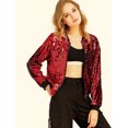 thumbnail image 2 of INSPIRE CHIC Veste à Paillettes pour Femme Fermeture Éclair Poches Cachées Blouson Bomber Rouge P, 2 of 4