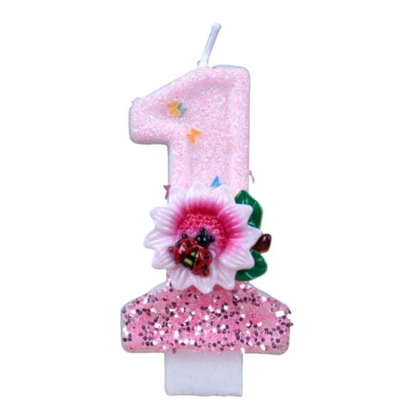 Chandelle Numérotée Rose à Paillettes, Décoration de Gâteau Florale, Chandelle d'Anniversaire Numéro 1 Rose à Paillettes avec Fleur et Coccinelle, Décoration de Gâteau pour Décorations de Fête d'Anniversaire au Jardin, Fleur K Numéro 1