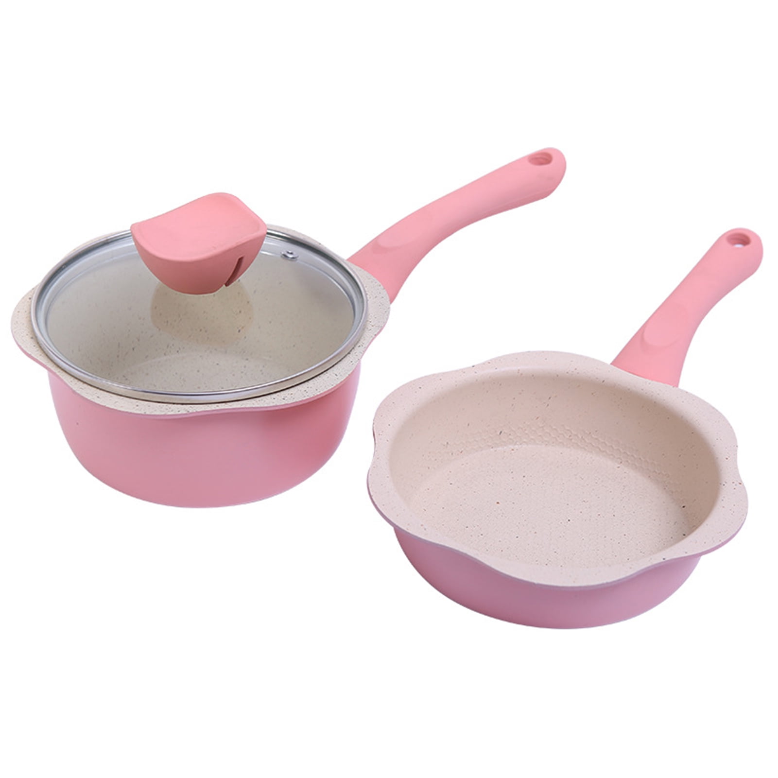 Pink 2-Piece Non-Stick Cookware Set: 6.3" Milk Saucepan with Tempered Glass Lid & 6.3" Fry Pan - Five-Ply Base for Even Heating, Rubber Non-Slip Handle, Hanging Loop Storage - Ideal for Baby Food,