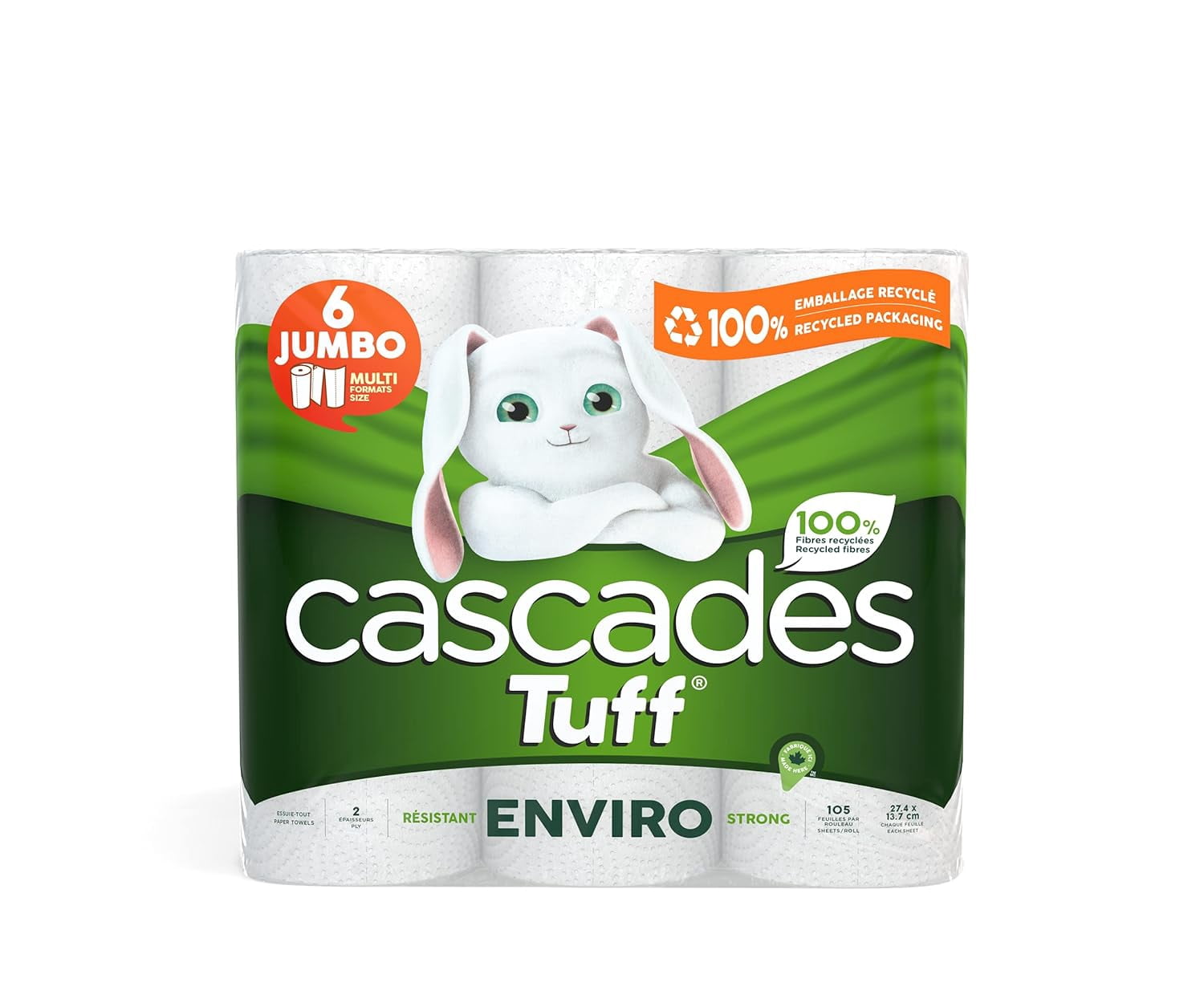 Cascades Tuff Enviro Jumbo Paper Towels, Eco‑Friendly Household Cleaning Rolls- 6 Jumbo Rolls, 105 Sheets Per Roll