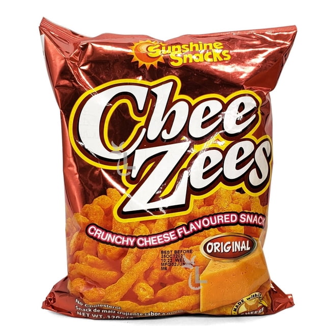 Sunshine Snacks Cheezee Collation Originale Croquante Saveur Fromage dans un Sac Rouge-Orange Brillant Montrant des Bouffées de Croustillant au Fromage et un Coin de Fromage, une Collation au Fromage des Caraïbes Idéale pour les Collations Décontractées.