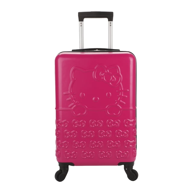 Hello Kitty Valise Rose avec Motif de Nœud et 4 Roues 20 Po Valise Cabine 20 Po Orientée vers l'Avant Montrant Grand Visage Hello Kitty et Motif de Nœud Répété sur la Moitié Supérieure, Extérieur à Coque Rigide Rose Vif, Quatre Roues Pivotantes à 360 Degrés, Poignée Télescopique et design compact Non Extensible pour Courts Voyages; Convient Aussi au Rangement de Jouets Ou d'Accessoires de Voyage.