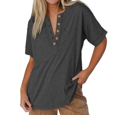 Baberdicy T-Shirts Décontractés à Col en V pour Femmes - Hauts à Manches Courtes de Couleur Unie (Coton Doux, Essentiel pour le Quotidien) Gris m