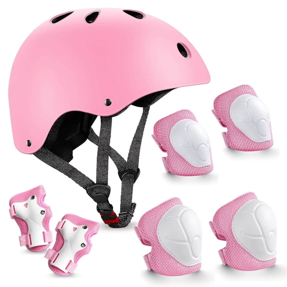 Kids Bike Helmet, Toddler Helmet for Ages 3-13 Boys Girls with Sports Protective Gear Set Knee Elbow Wrist Pads for Skateboard Cycling Scooter Rollerblading - Pink
