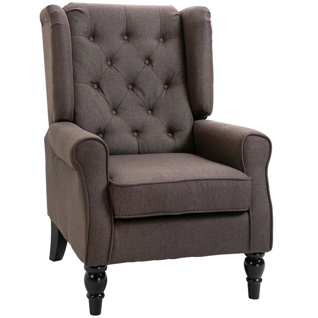 HOMCOM Button-Tufted Accent Chair with Wing Back Rounded Arms in brown. This modern accent chair features a button-tufted high back, rolled arms, and a thickly padded seat for comfort. Made with a wood frame, eucalyptus legs, and non-slip footpads for stability. Suitable for living rooms, bedrooms, or offices. Dimensions: 29.1 inches L x 33.9 inches W x 40.2 inches H.