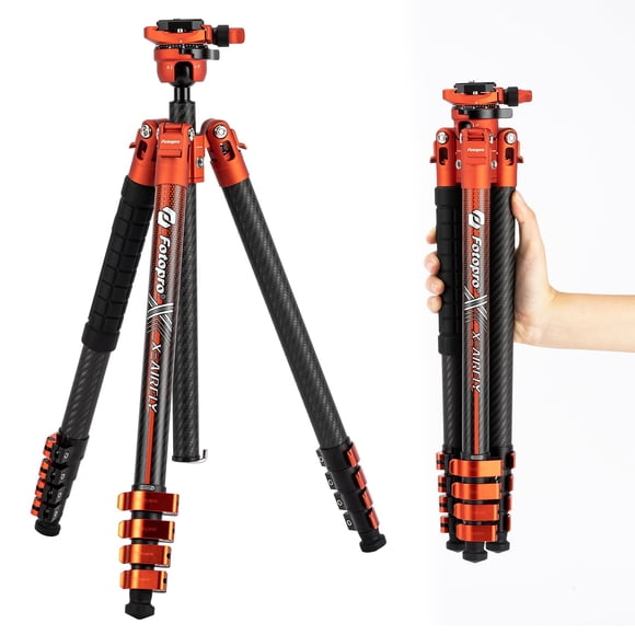 Fotopro X-Airfly 63 Inch Lightweight Travel Camera Tripod with Panoramic Ball Head 2.51lb Expandable Compact Portable Professional Carbon Fiber Tripod for Camera DSLR Load up to 33lb Orange