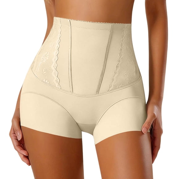 Gpoecd Womens Boxer Briefs Lace Mid Rise Control Lifting No Ride Up Seamless Breathable Plus Size Panties Beige,XXL