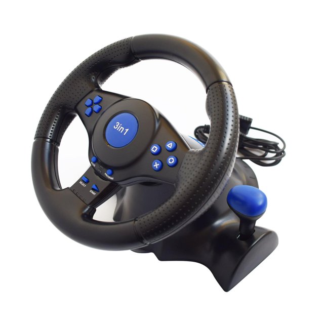 milageto Simulator Racing Steering Wheel & Brake Pedals Set designed for PC gaming. The set includes a black ABS steering wheel with a 250-degree rotation, rubberized grip for comfort, and blue accent buttons for controls. It features analog and digital modes, vibration feedback, and a foot pedal unit for acceleration and braking. Compatible with PC consoles running Win9x/2000/XP/Vista64/WIN7/WIN8/WIN10. Includes a 1.8-meter dual cable for durability. Package includes a steering wheel, pedal, driver, and user manual.