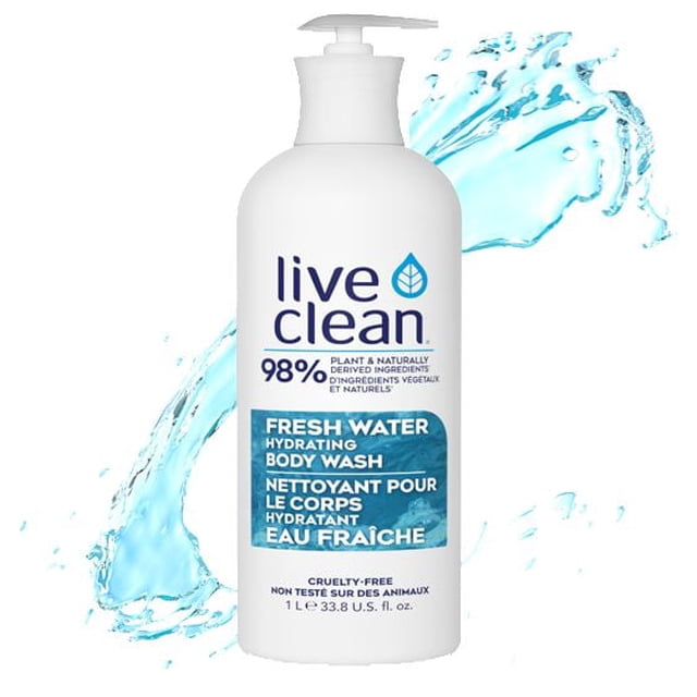 Live Clean Fresh Water Hydrating Body Wash in a white 1 L pump bottle with blue label text stating 98% plant and naturally derived ingredients, cruelty-free and vegan formula, vitamin E and hyaluronate for hydration, shown with a fresh water splash background.