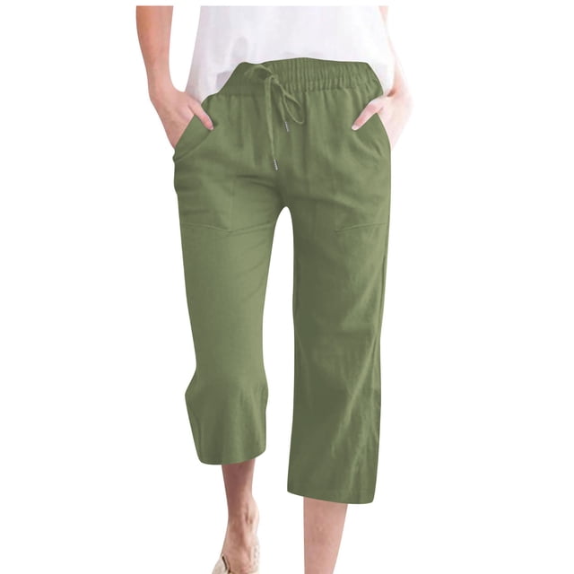 FNFYFH Womens Plus Size Capri Pants Wide Leg Cotton Linen Pants Drawstring Summer Beach Pants with Pockets