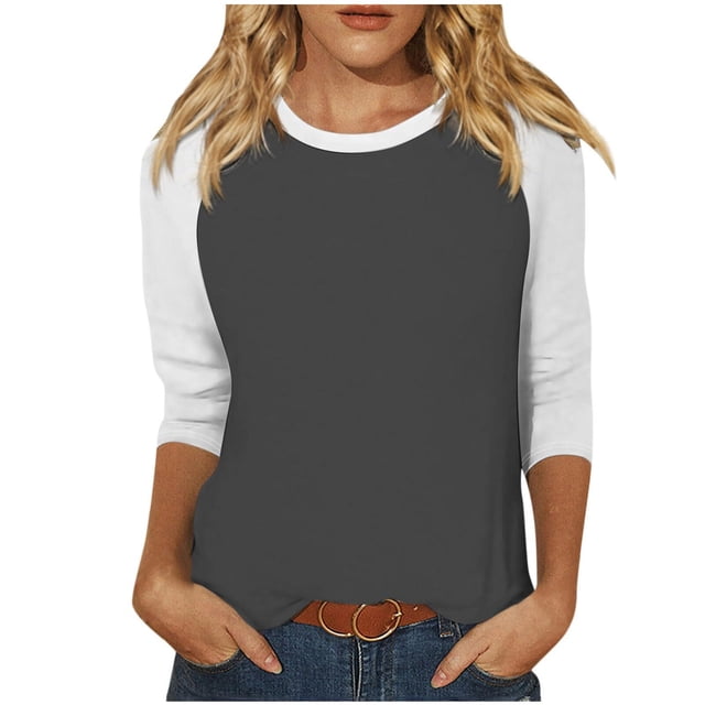 Timegard Hauts pour Femmes Grande Taille Col Ras du Cou Manches 3/4 à Blocs de Couleur T-Shirts Confortables d'Automne Décontractés Amples
