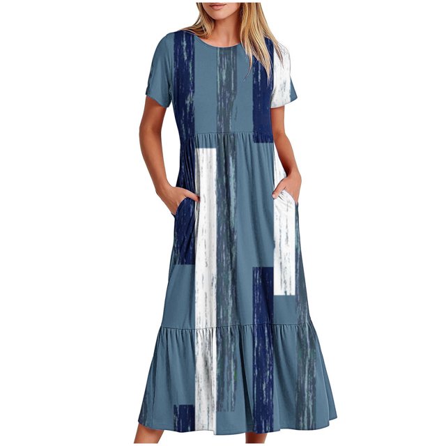 FAIWAD Robe à Manches Courtes pour Femme Grande Taille, à Blocs de Couleur, Robe d'Été Décontractée, Fluide, Coupe Trapèze, avec Poches