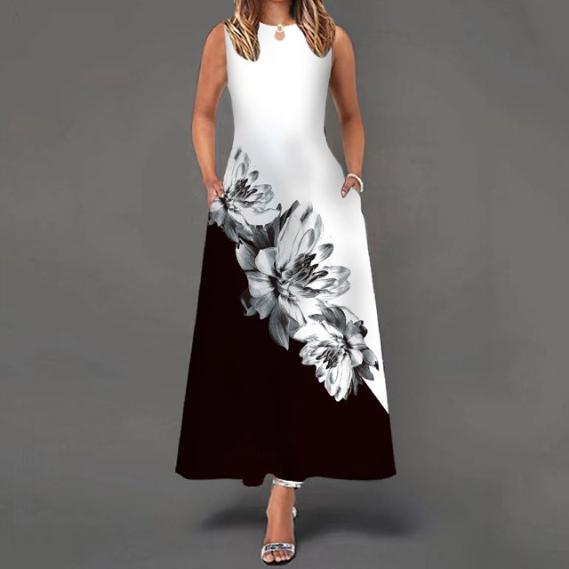 SMihono Robe d'Été Grande Taille pour Femmes 2023 Sans Manches à Col Ras du Cou avec Poche à Fleurs Vintage à Grande Ampleur