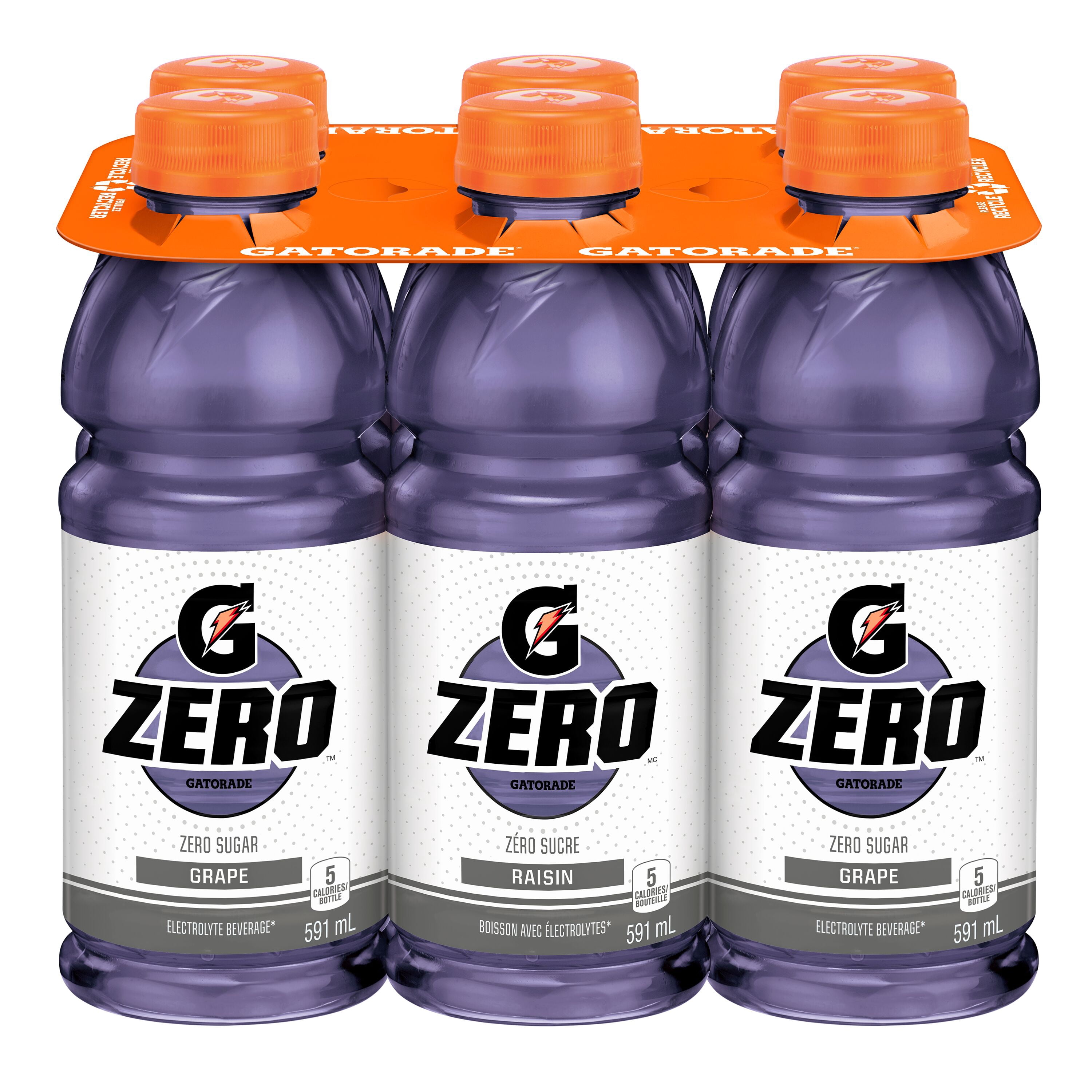 Gatorade Zéro Sucre Raisin Boisson Électrolytique 6 x 591 mL, Bouteilles