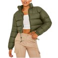 thumbnail image 1 of hoksml Women's Cropped Puffer Jacket with Drawstring Hem, Stand Collar Boxy Zip Front Casual Streetwear Short Jacket, 1 of 5