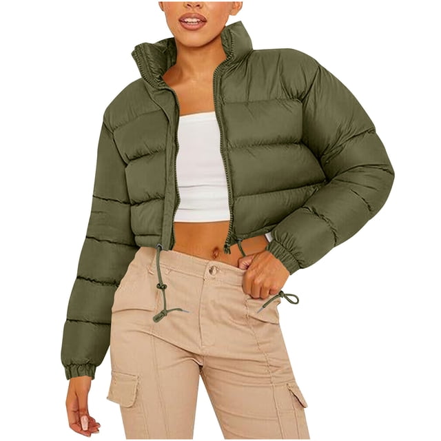 hoksml Women's Cropped Puffer Jacket with Drawstring Hem, Stand Collar Boxy Zip Front Casual Streetwear Short Jacket