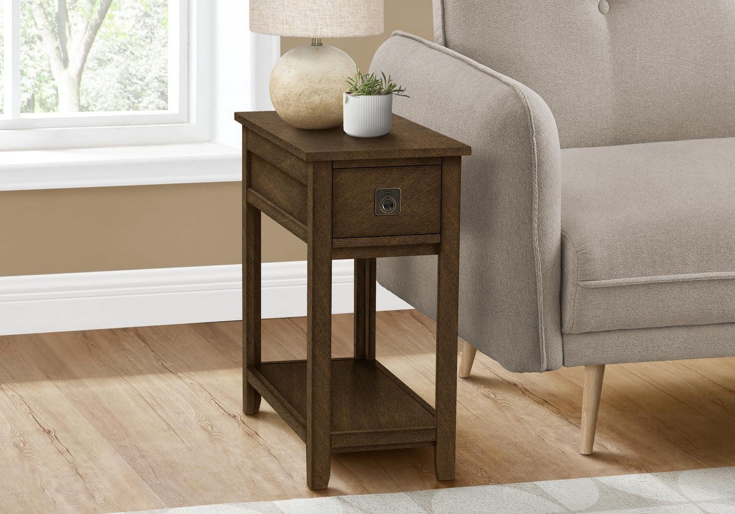 Monarch Specialties Accent Table, End, Side Table, Nightstand, Bedroom, Narrow, Storage Drawer, Brown Veneer, Transitional