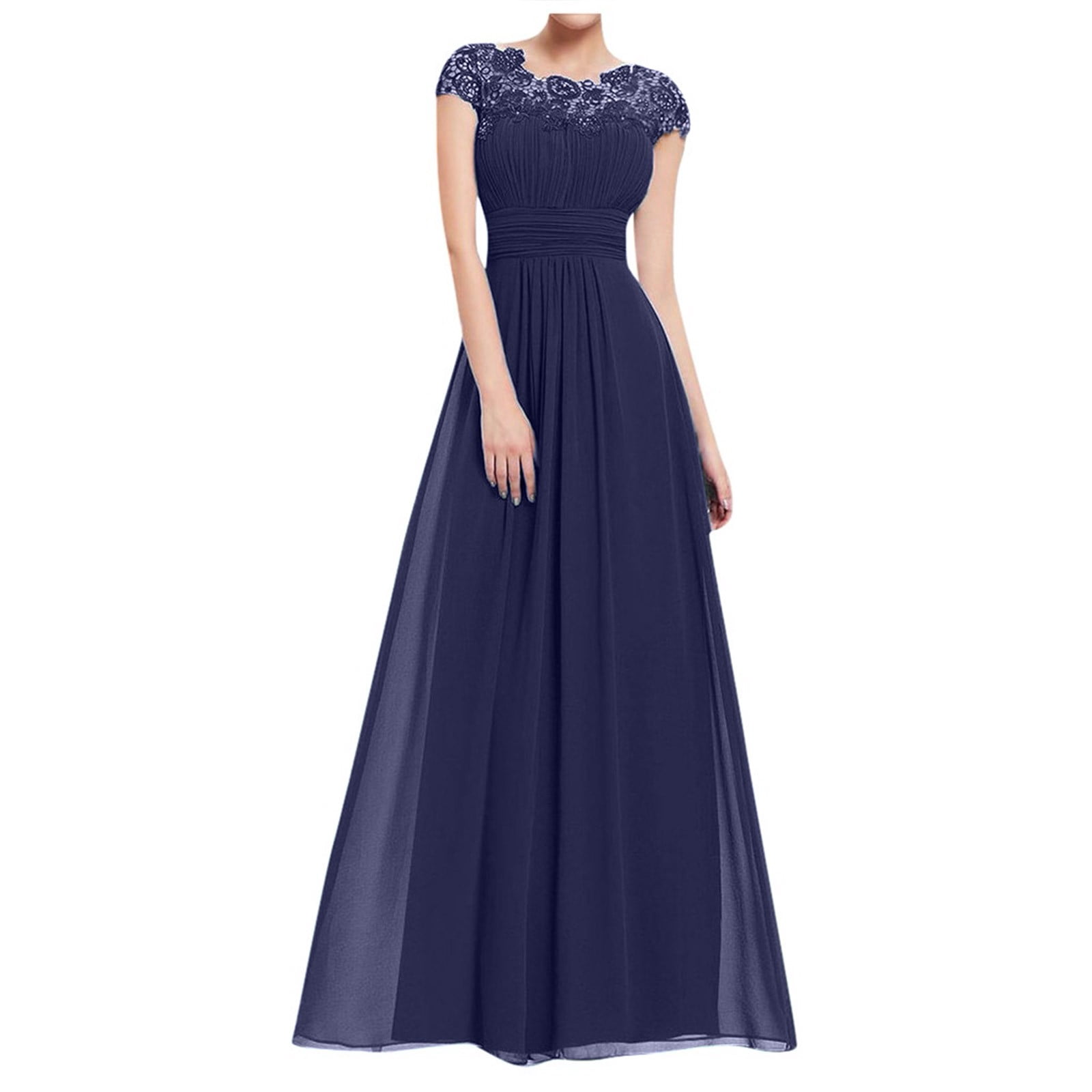 Meichang Robes Maxi en Mousseline pour Femmes Tunique Ajustée Plissée Couleur Unie Robe d'Été Évasée Évasée Dentelle Manches Courtes Col Ras du Cou Robe Élégante Soirée Fête Boîte de Nuit Bal Robes d'Été