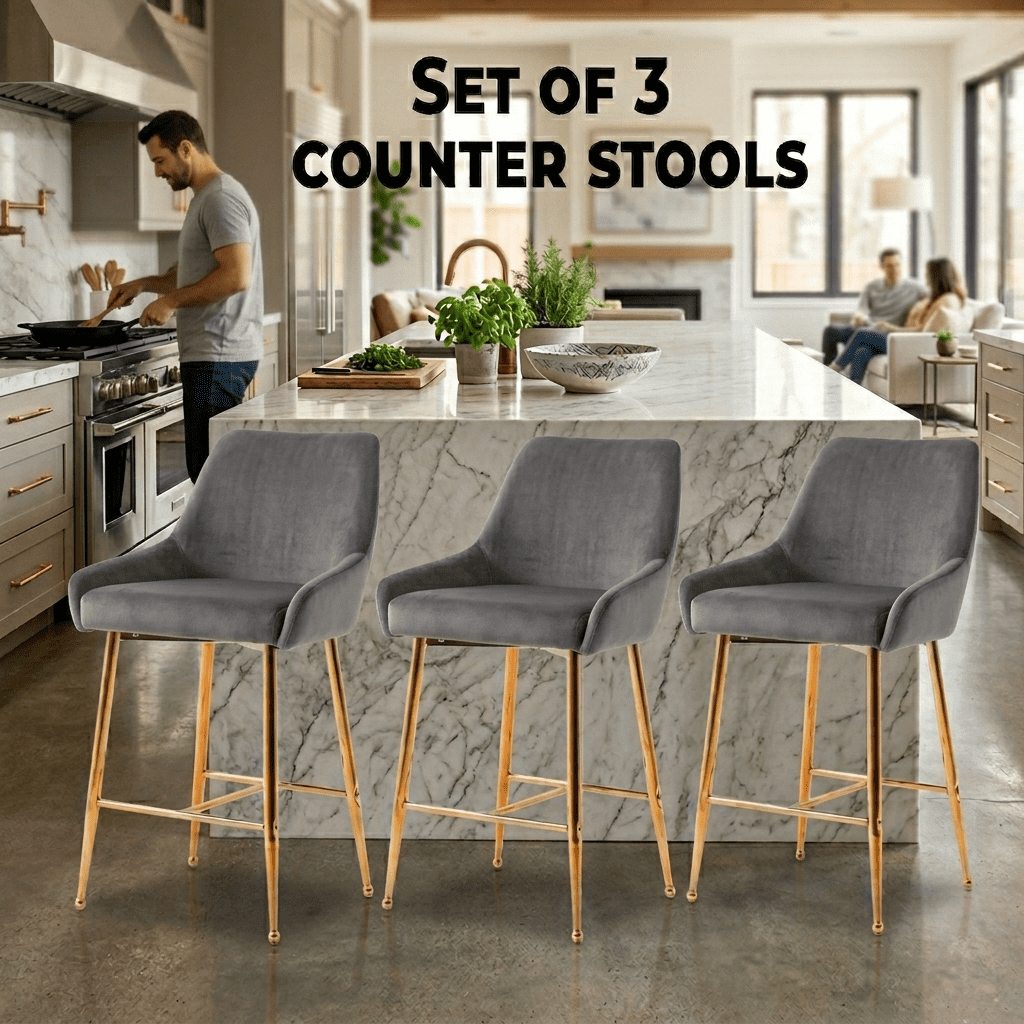 Heavenly Collection Ensemble de 3 Tabourets de Comptoir Modernes en Velours Gris - Tabourets Rembourrés Mid-Century avec Pieds Dorés - Idéal pour Îlots de Cuisine