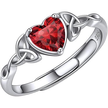 Bague Nœud Celtique Pierre de Naissance Cœur pour Femmes Bague Ajustable Argent Bijoux Minimalistes (Rouge)
