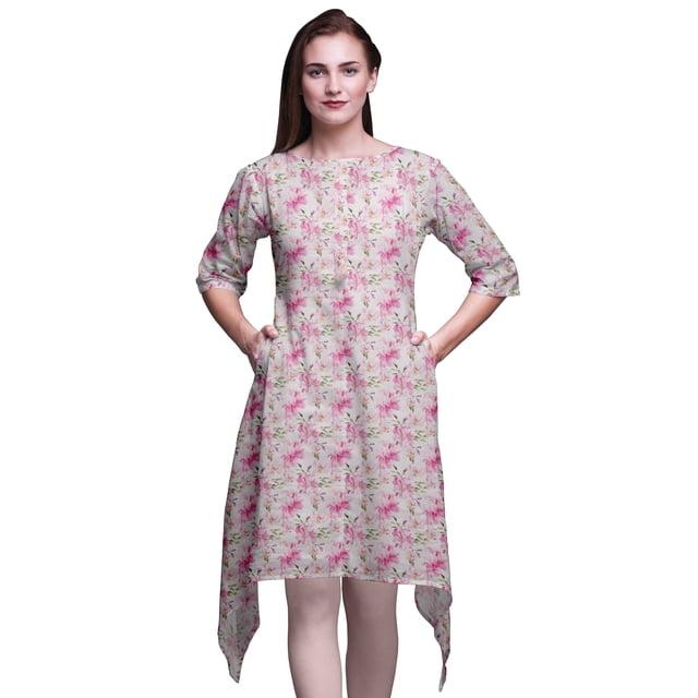 Bimba Hauts Imprimés Floraux à Feuilles Roses et Delphinium pour Femmes Kurti Asymétrique Robe d'Été pour Filles Très Grand