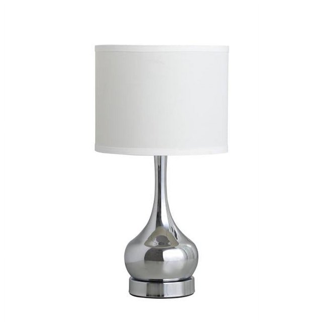 Lampe de table Corrine de 18,75 Po en Argent Poli style Mi-Siècle avec base Classique en Forme d'Urne en Acier Brossé et Abat-Jour Tambour en Coton-Lin Blanc. Ce Luminaire Mêle design Rétro Mi-Siècle au style Contemporain, Idéal pour Salons, Chambres Ou Bureaux.