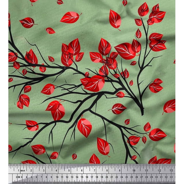 Soimoi Poly Georgette Fabric Branch & Leaves Artistic Print Sewing Fabric Yard 52 Inch Wide