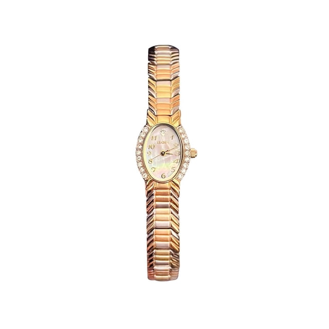 Elgin Ladies Gold Watch with an oval mother-of-pearl dial, gold-tone hands, and textured diamond-cut gold-tone band. The narrow face is framed by small clear stones, and the adjustable bracelet fits most women, ideal for office or semi-formal wear.