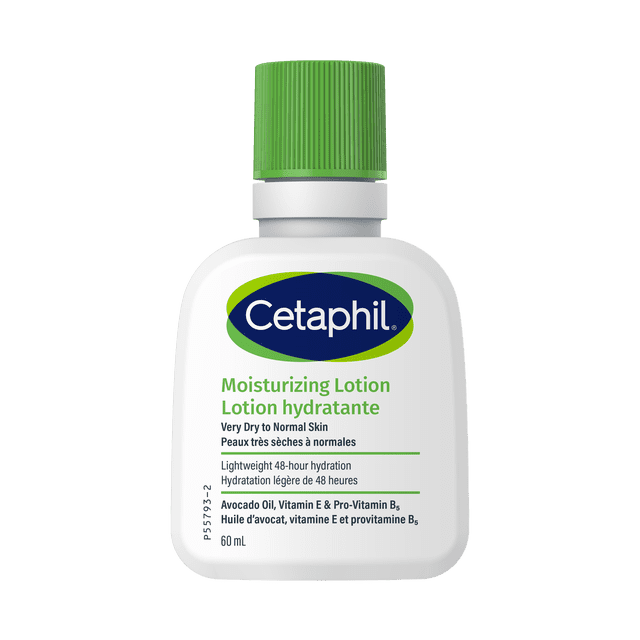 Cetaphil Moisturizing Lotion 60 mL travel size bottle with green ribbed cap, formulated for very dry to normal skin, providing lightweight 48-hour hydration with avocado oil, vitamin E, and pro-vitamin B5, ideal for sensitive skin and convenient for travel body care.