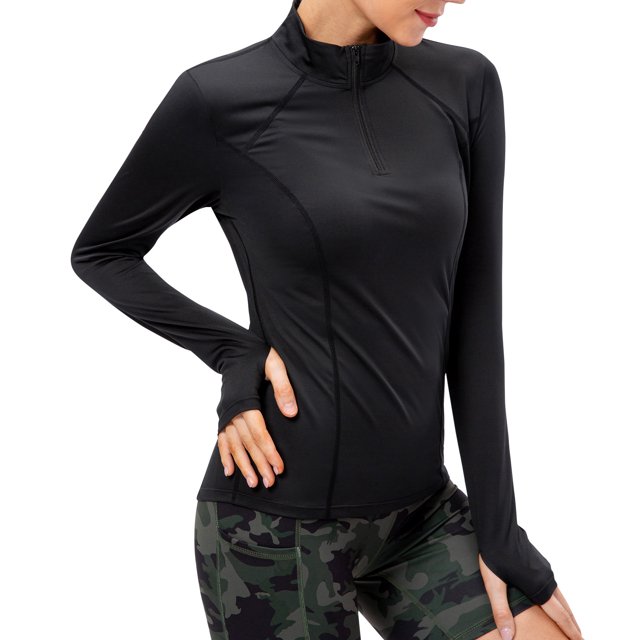 Graflsoa Haut de Yoga Haute Performance pour Femmes - Évacuation de l'Humidité, Extensible, Ajusté, Col Montant Manches Longues avec Fermeture Éclair pour Course & Entraînement Physique, Taille Européenne Noir TG (12521)