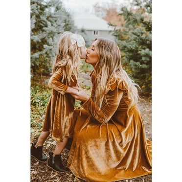 Mommy and Me Dresses Long Sleeve Fashion Velvet Lotus Stretchy Pure Color Puff Sleeve Matching Clothing