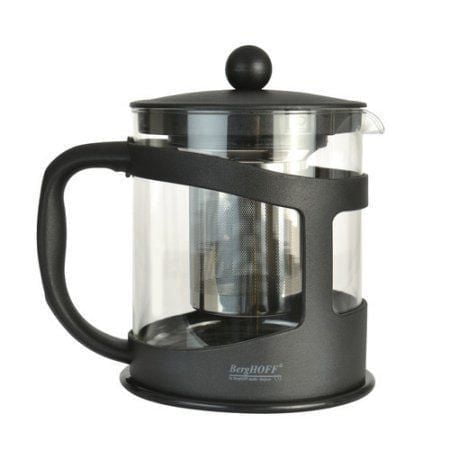 BergHOFF Studio 4.25 Cups Tea Maker with heat-resistant glass carafe, black polypropylene base, handle, and lid. Includes 18/10 stainless steel fine mesh infuser, stay-cool handle for safe pouring, and is easy to clean by hand wash. Also suitable for brewing herbal infusions.