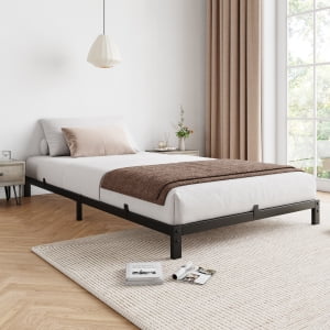 6/8/14 Inch Heavy Duty Bed Frame with Storage, Queen/Full/Twin Metal Platform Base in black heavy-duty steel with steel slat support. Designed for noise-free use and no box spring needed. Shown in a modern bedroom with beige curtains, a neatly made bed, and visible under-bed storage space. Ideal for maximizing storage and providing sturdy mattress support.