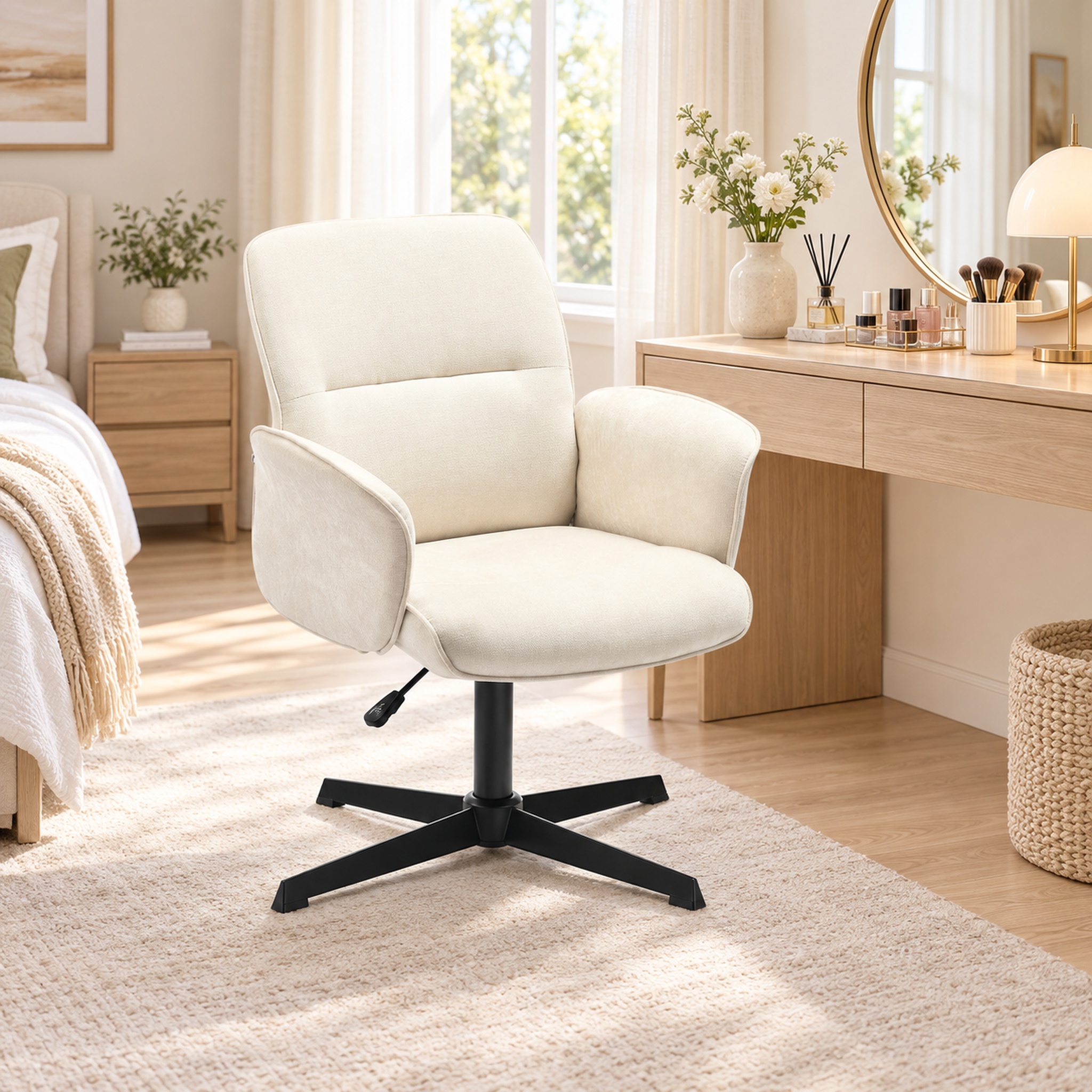 Homy Casa Cream Chenille Vanity Chair, Height-Adjustable 360° Swivel Makeup Desk Chair with Padded Arms