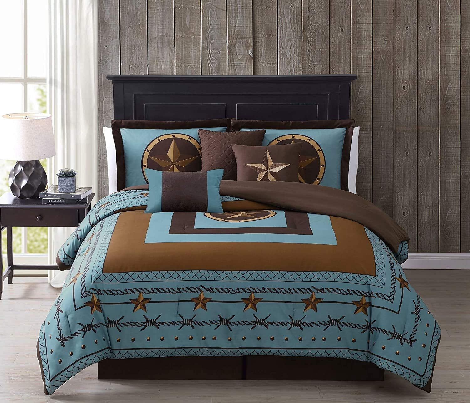Chezmoi Collection Tulsa Queen Size Bedding Set, 7-Piece Turquoise Brown Western Cowboy Oversized Comforter Set, Printed Texas Star Barbed Wire