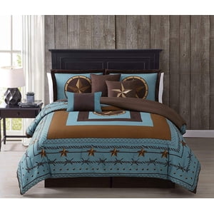 Chezmoi Collection Tulsa Queen Size Bedding Set, 7-Piece Turquoise Brown Western Cowboy Oversized Comforter Set, Printed Texas Star Barbed Wire