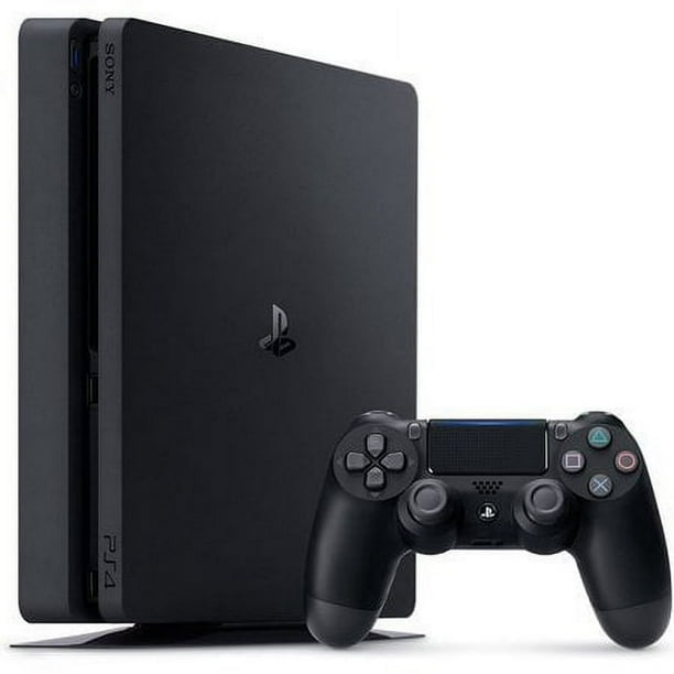 Sony PlayStation® 4 Slim 1TB Console – Refurbished (Good Condition) in Jet Black, shown with a matching DualShock® 4 wireless controller. The console features a sleek, compact design with reduced noise and power consumption. It supports Full HD 1080p gaming, HDR visuals, and includes 1TB of storage for games, apps, and media. Professionally refurbished with visible cosmetic wear that does not affect functionality.
